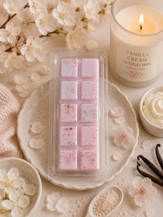 Vanilla cream blossoms candle with pink wax melts and vanilla beans on a floral background