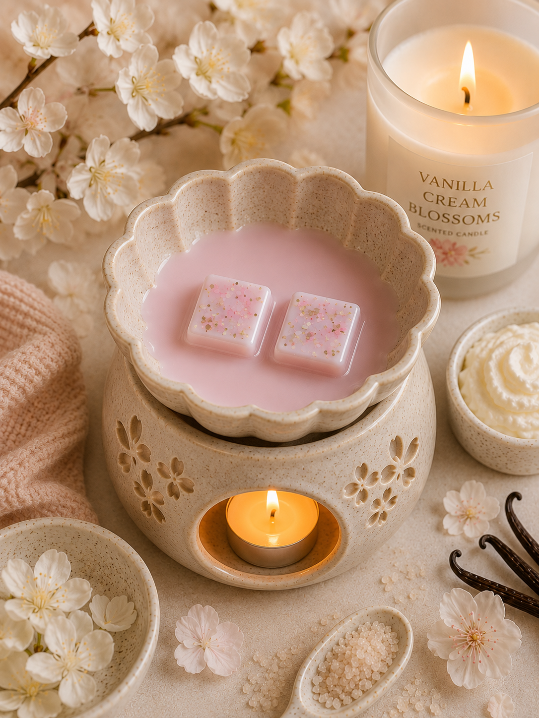 A spa-style wax melt warmer with a pink wax melt containing two square floral wax cubes, surrounded by cherry blossoms, a lit vanilla cream blossom candle, whipped cream, vanilla beans, and a small tea light candle in a ceramic warmer.