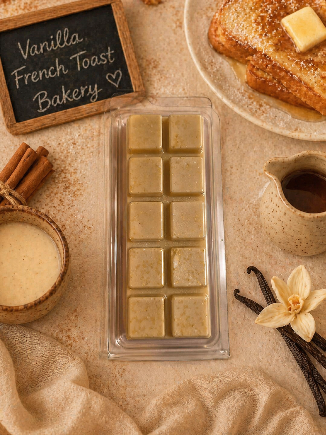 Packaged vanilla wax melts with a French toast bakery theme, featuring a small chalkboard sign, cinnamon sticks, and a pitcher of syrup.