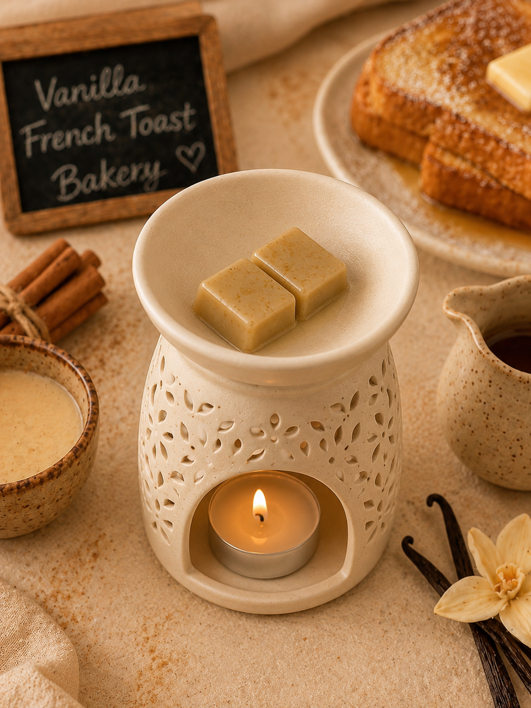 Cream wax melts in burner with vanilla french toast background theme.