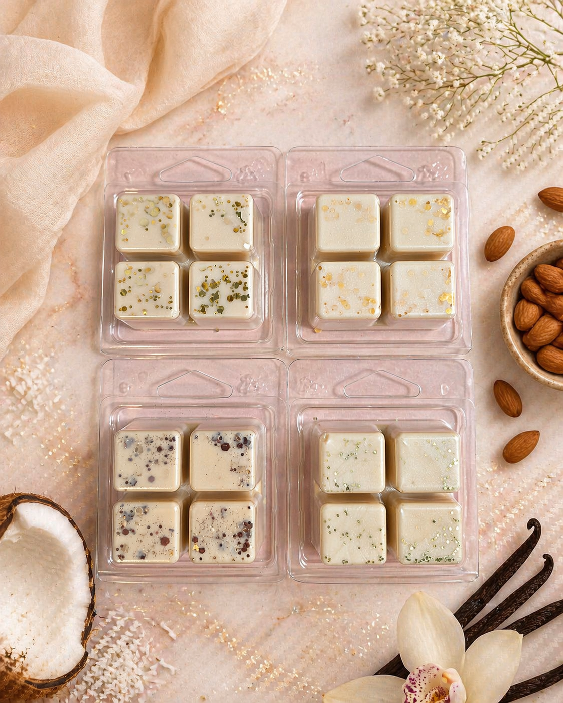 Packaged vanilla wax melt cubes with almonds and flowers on a decorative surface