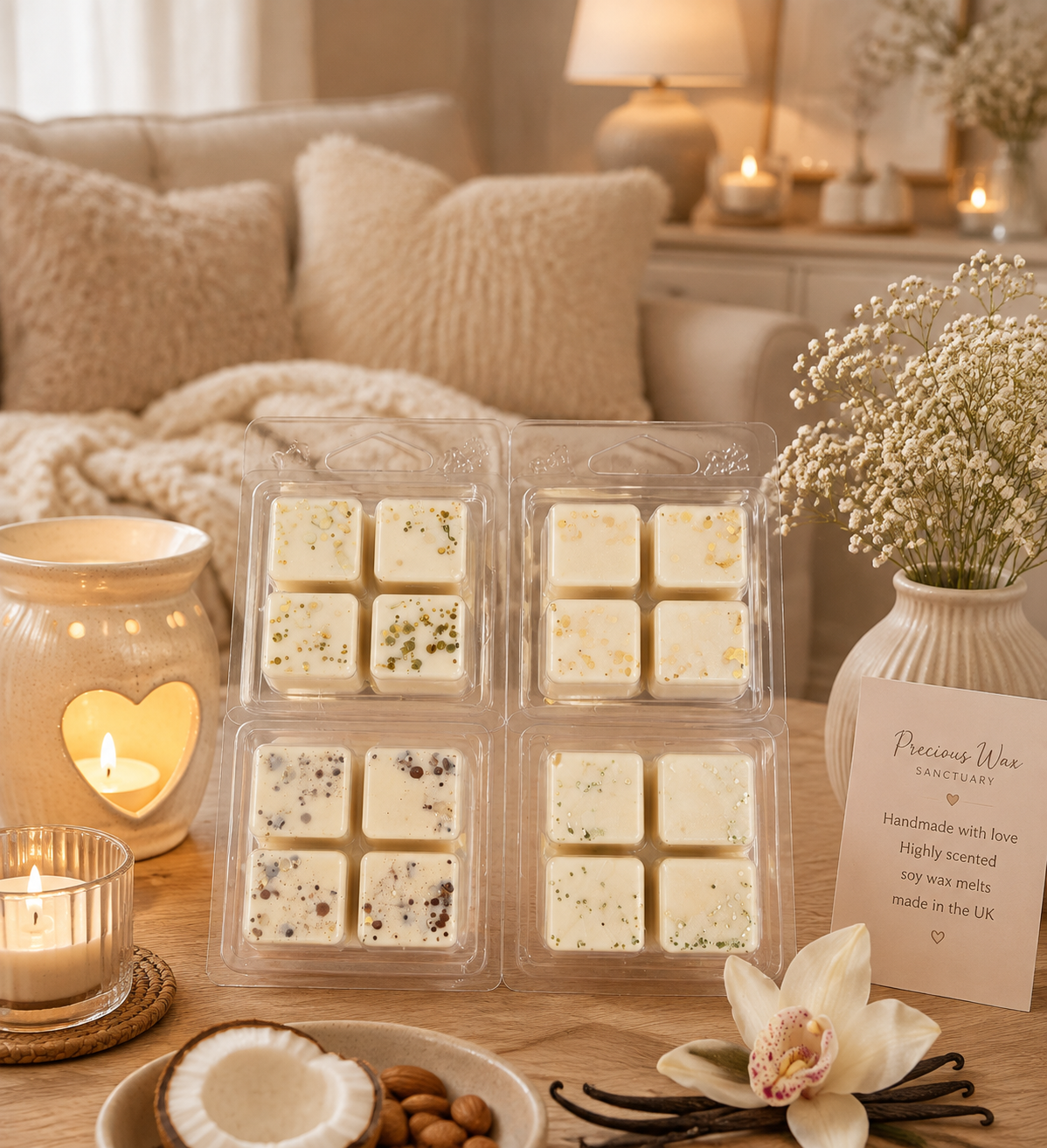 Four clear plastic clamshell packs of square wax melts, displayed on a wooden table in a cozy bedroom setting with candles, a vase of baby's breath, and a small product card reading 'Bathing Woe'.