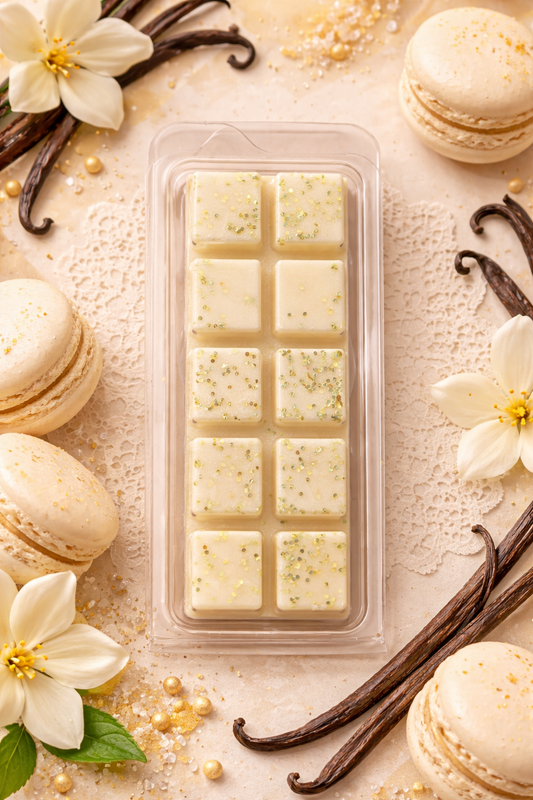 Packaged vanilla scented wax melts with vanilla beans and macarons on a light background