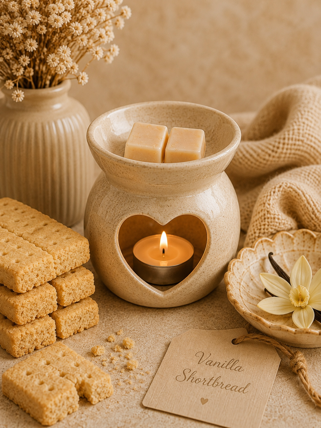 A warm spa-style scent setup featuring a beige ceramic wax warmer with a lit tealight candle, two cream wax melts, vanilla shortbread cookies, dried flowers in a vase, and a paper tag reading 'Vanilla Shortbread' on a beige textured surface.