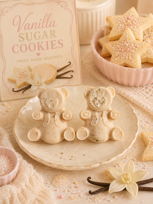 Vanilla sugar cookies wax melts surrounded by cookies and vanilla decor.