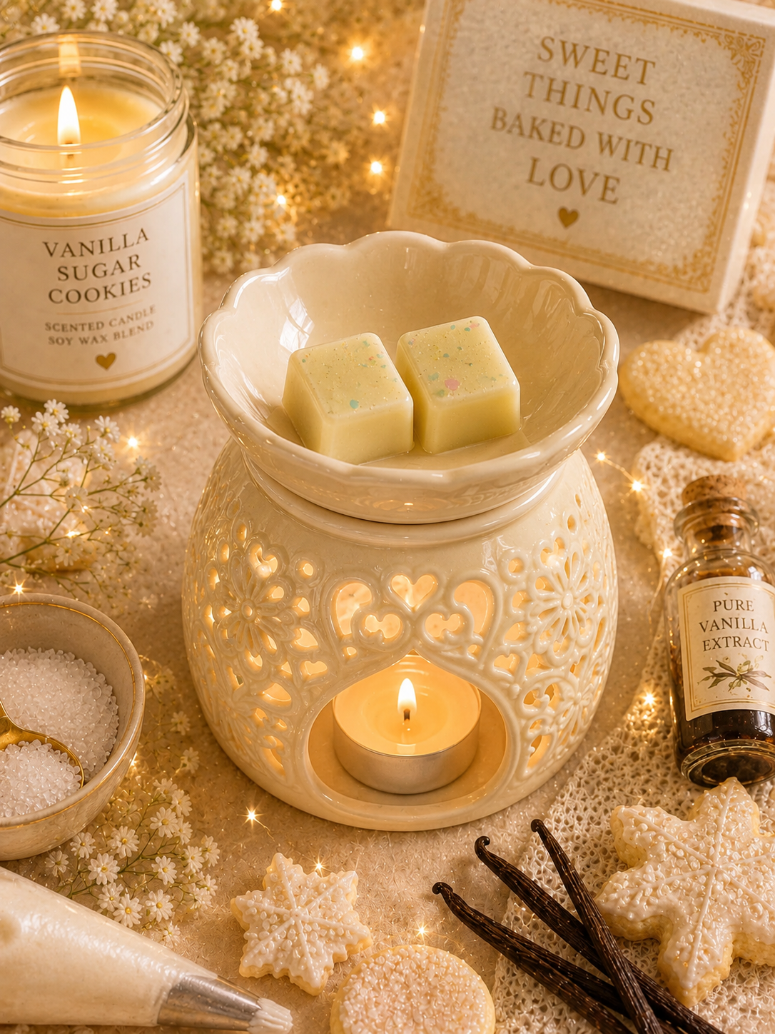 Vanilla sugar cookies wax melts in burner with sugar cookie background theme.