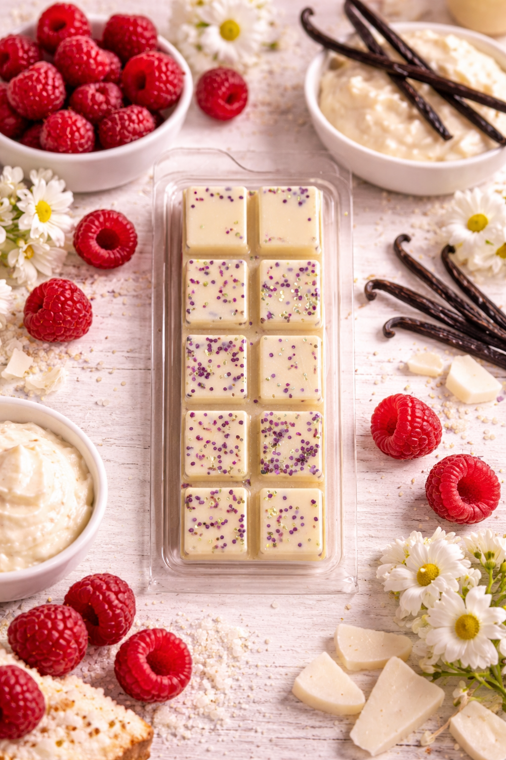 wax melt surrounded by raspberries, vanilla beans, and flowers on a light wooden surface.