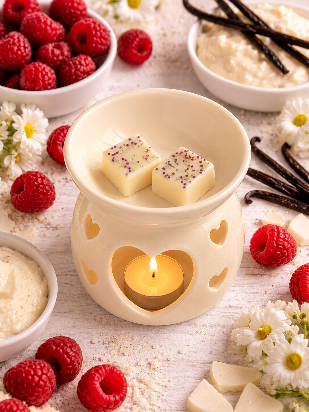 vanilla and black raspberry wax melts in burner surrounded by raspberry and vanilla decor.