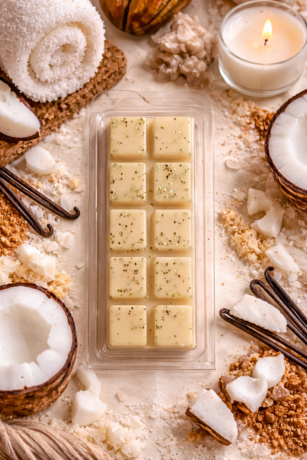 Pack of wax melts surrounded by coconut, vanilla beans, and a candle on a textured surface.