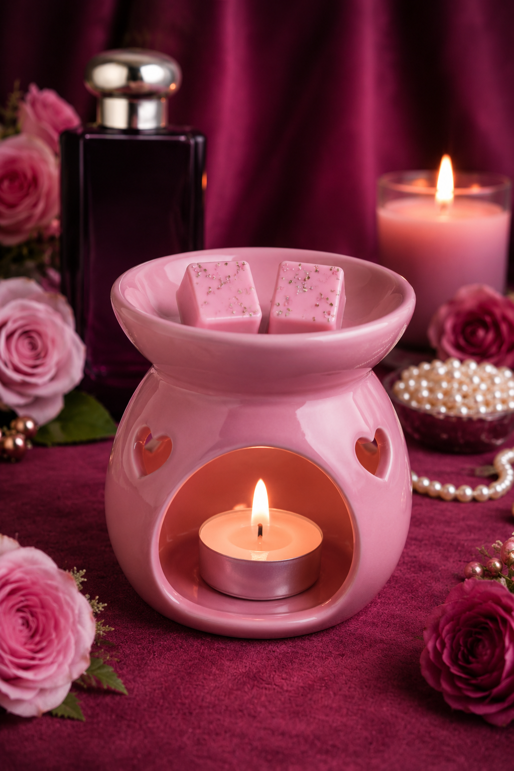 velvet rose and oud wax melts in burner with rose, candle and perfume background.