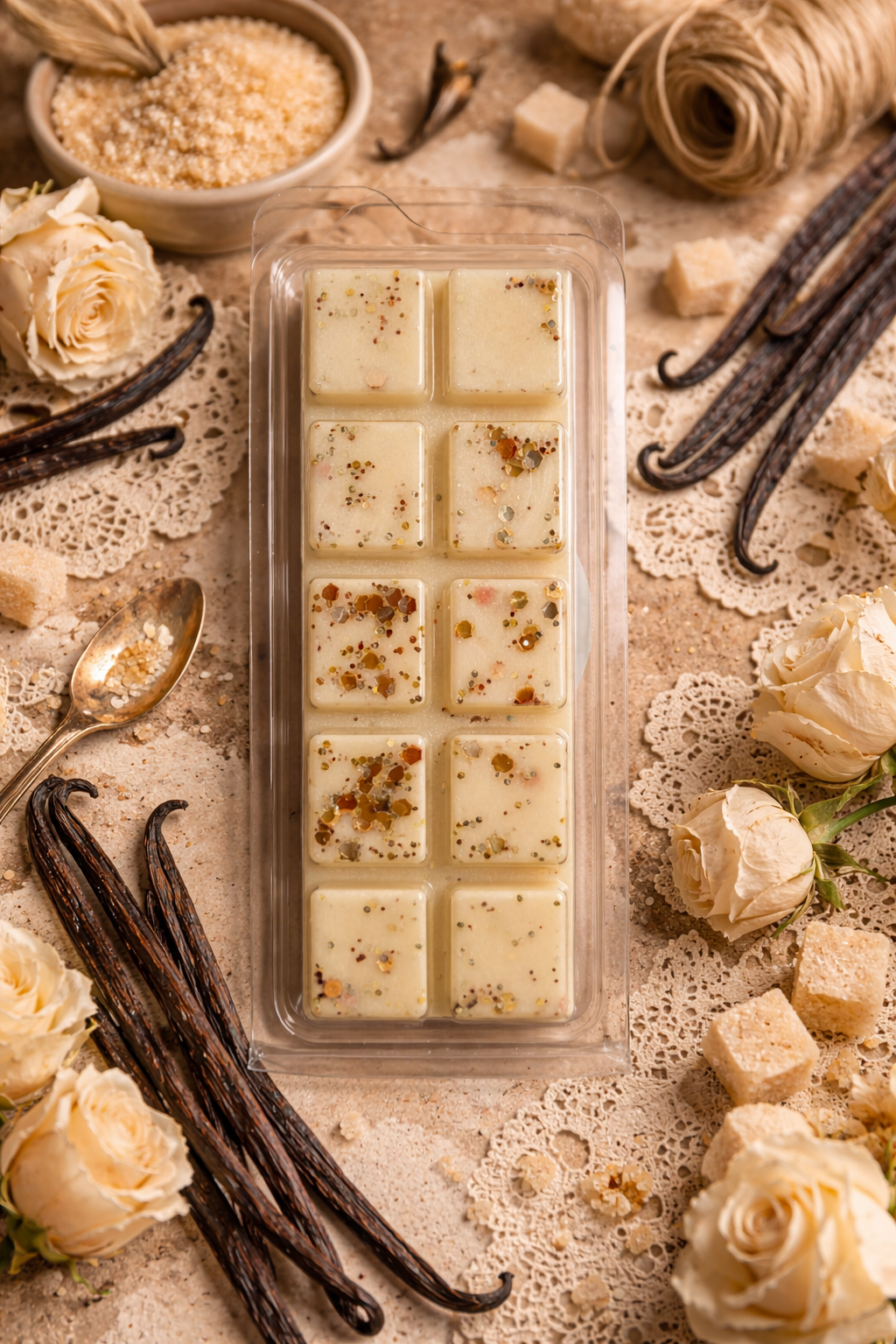 wax melts with vanilla extract and flowers on a rustic surface