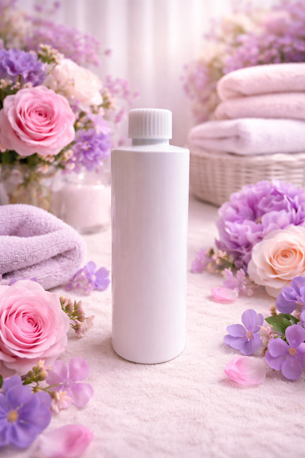 Reed diffuser refill in violet blossoms surrounded by matching background.