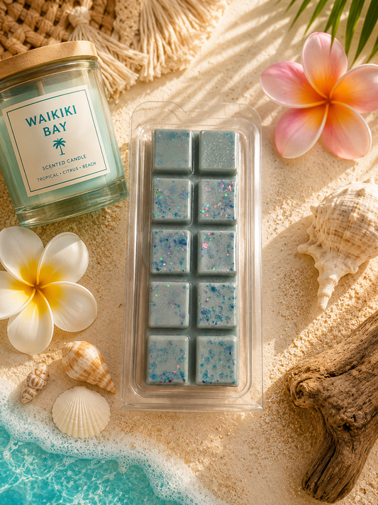 A styled beach-themed flat lay featuring a jar of Waiki Bay scented wax melt and a clear plastic clamshell package of blue glitter wax melts, surrounded by seashells, driftwood, flowers, and sand.