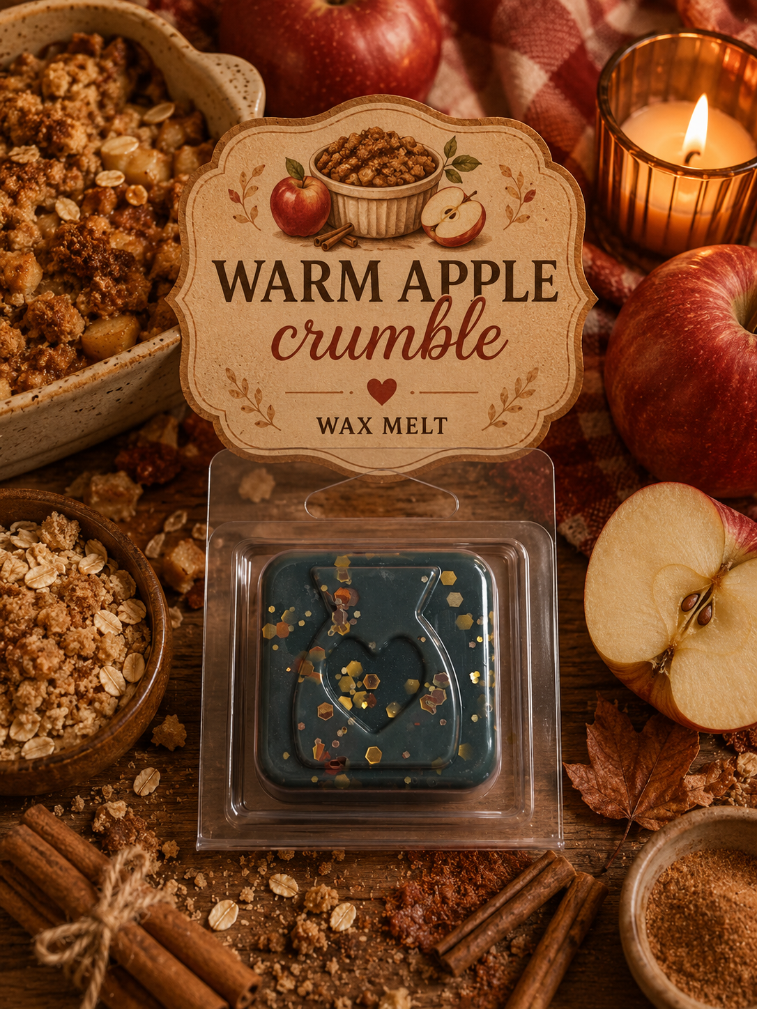 Warm Apple Crumble wax melt sample with cosy bakery background theme