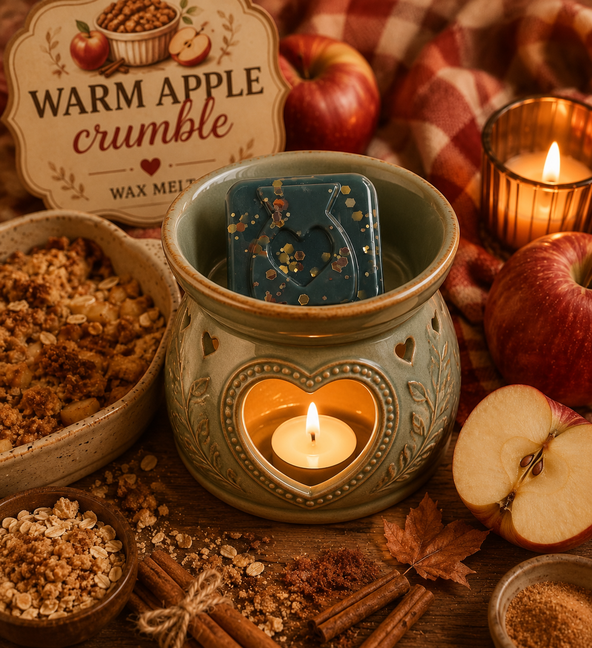 A teal ceramic wax warmer with a lit candle inside and wax melts, styled with apple slices, cinnamon sticks, bowls of ingredients, and a sign reading 'Warm Apple Crumble Wax Melt.'.