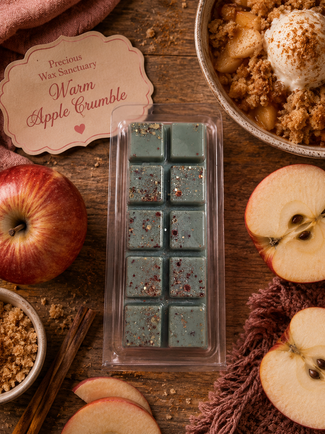 Pack of wax melts labeled 'Warm Apple Crumble' with apples and a bowl of crumble on a wooden surface.