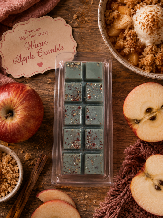 Pack of wax melts labeled 'Warm Apple Crumble' with apples and a bowl of crumble on a wooden surface.