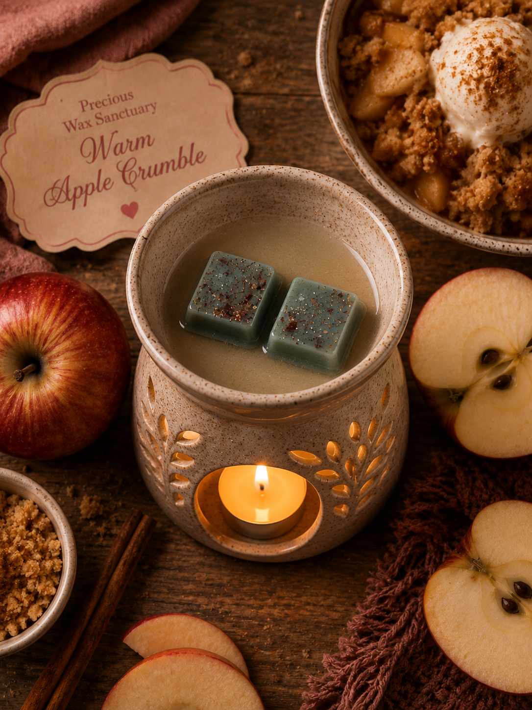warm apple crumble wax melts in wax warmer with bakery themed background.