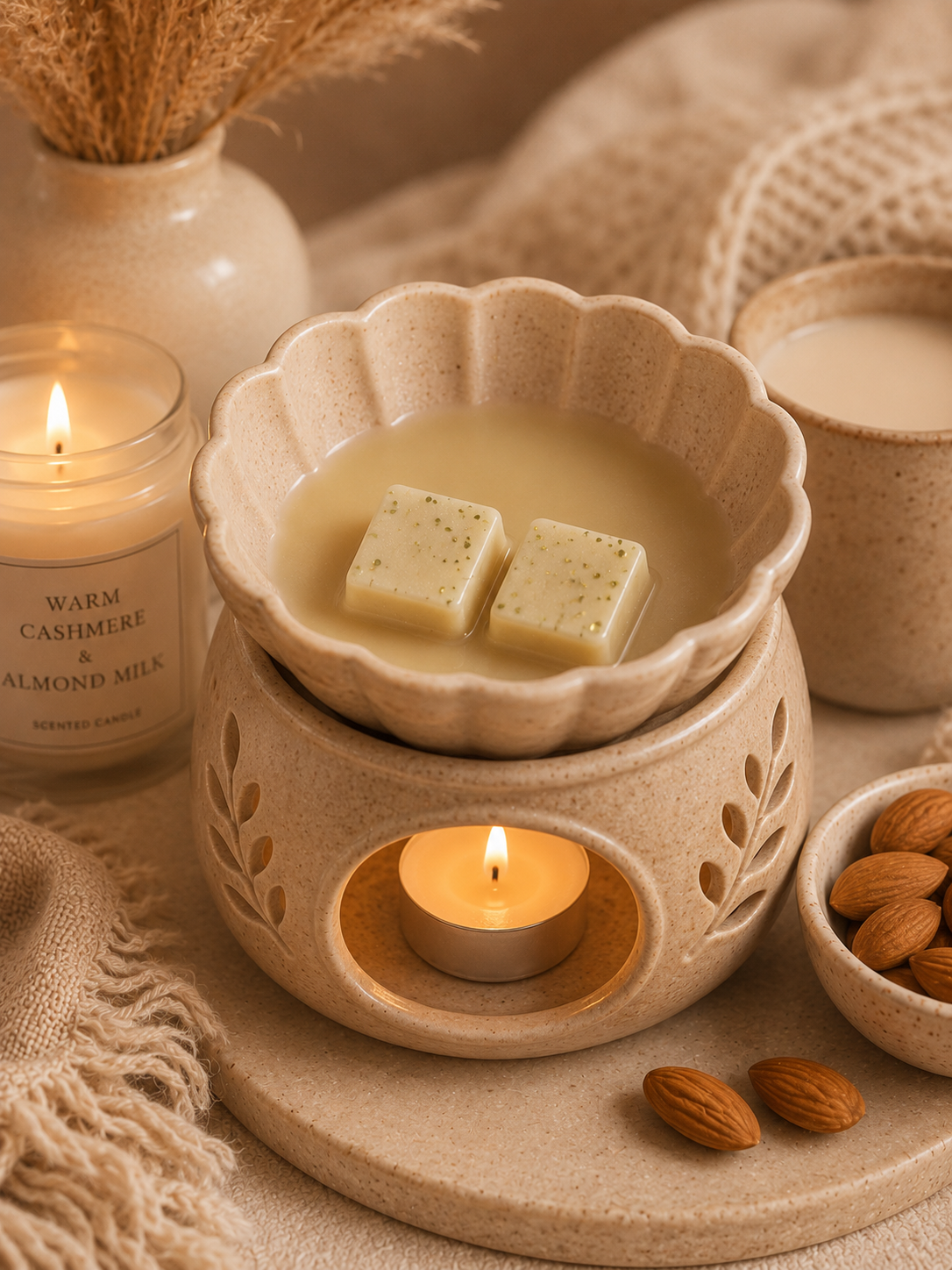 A warm spa-style scene with a beige ceramic candle warmer holding two small cream-colored wax melts, surrounded by lit candles, almonds, burlap fabric, and a decorative vase.