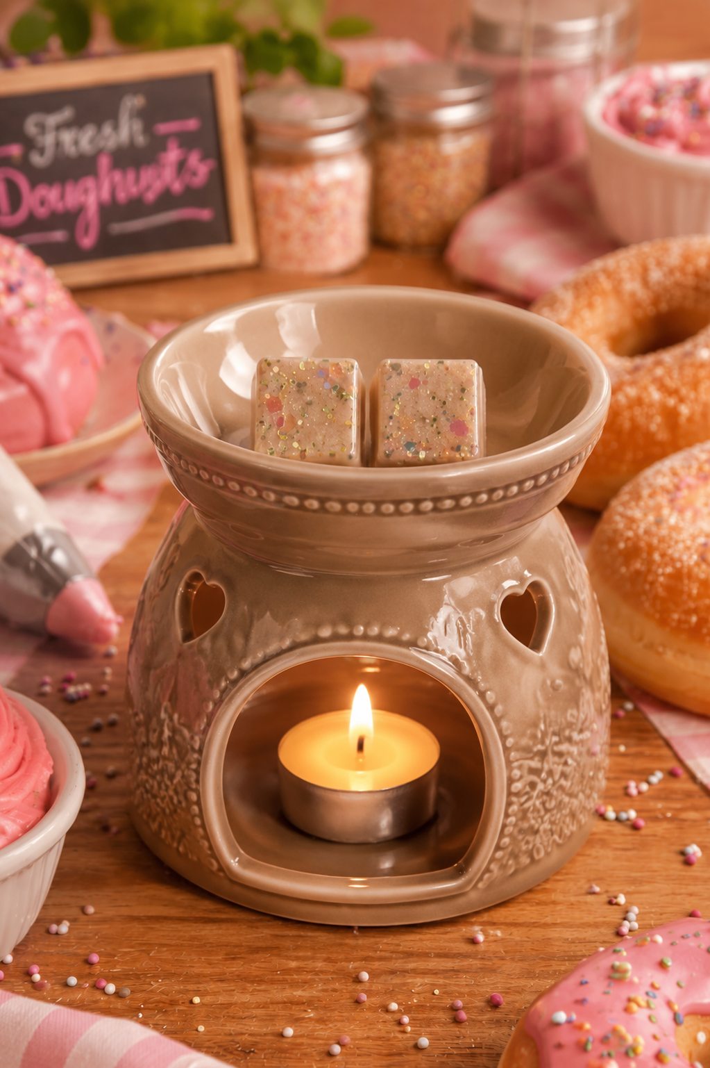 A beige ceramic wax warmer with a lit tealight candle inside with wax melts, styled on a wooden table with pink frosted pastries, jars of sprinkles, and a small chalkboard sign reading 'Fresh Doughnuts'.