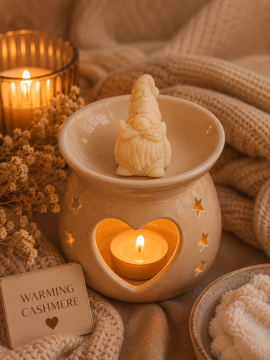 gonk shape wax melt with cosy candle lit background theme.