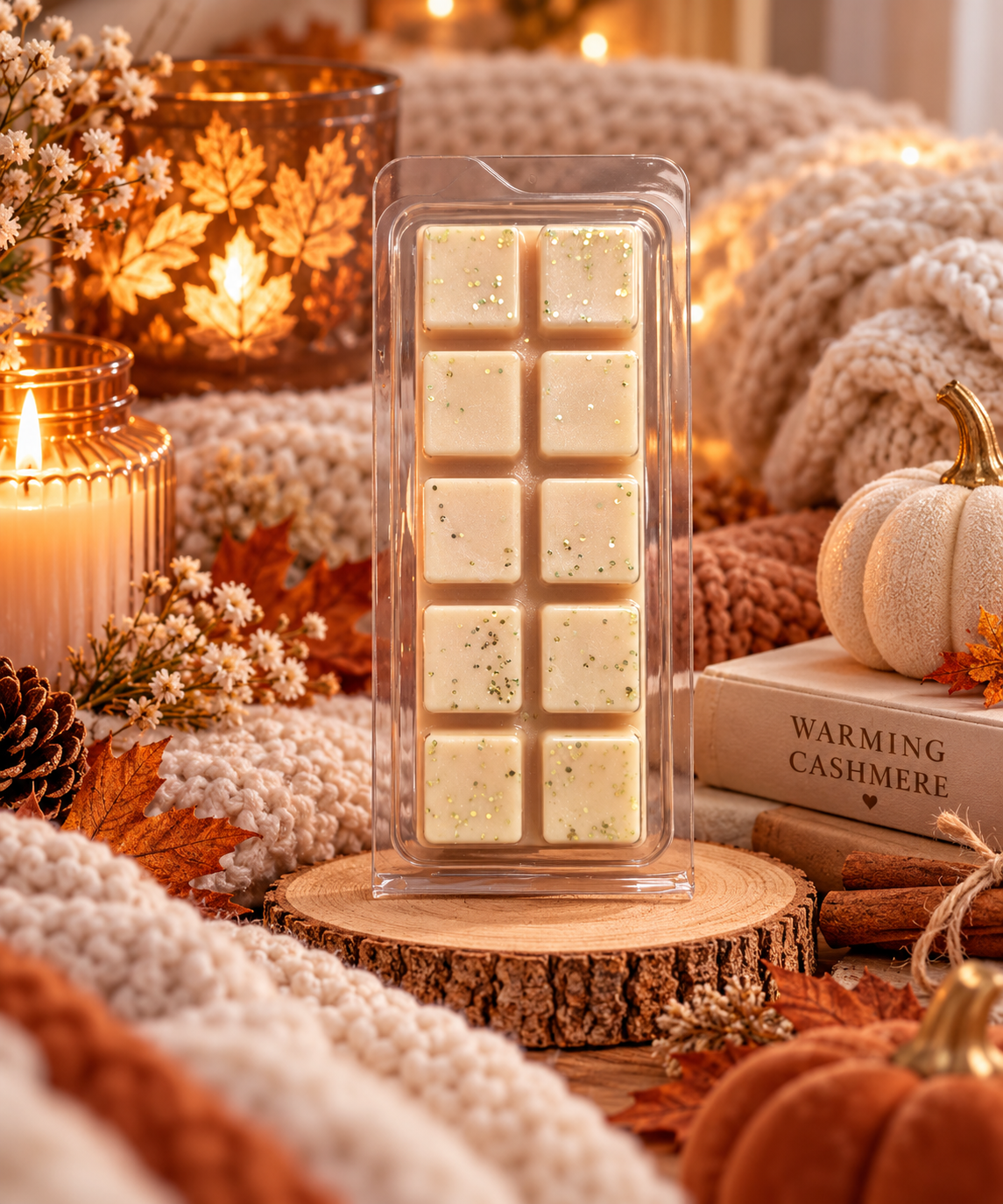 A clear plastic clamshell package holding ten square cream-colored wax melts with tiny green specks, displayed on a wood slice surrounded by autumn decor, candles, a knit blanket, and a small pumpkin.