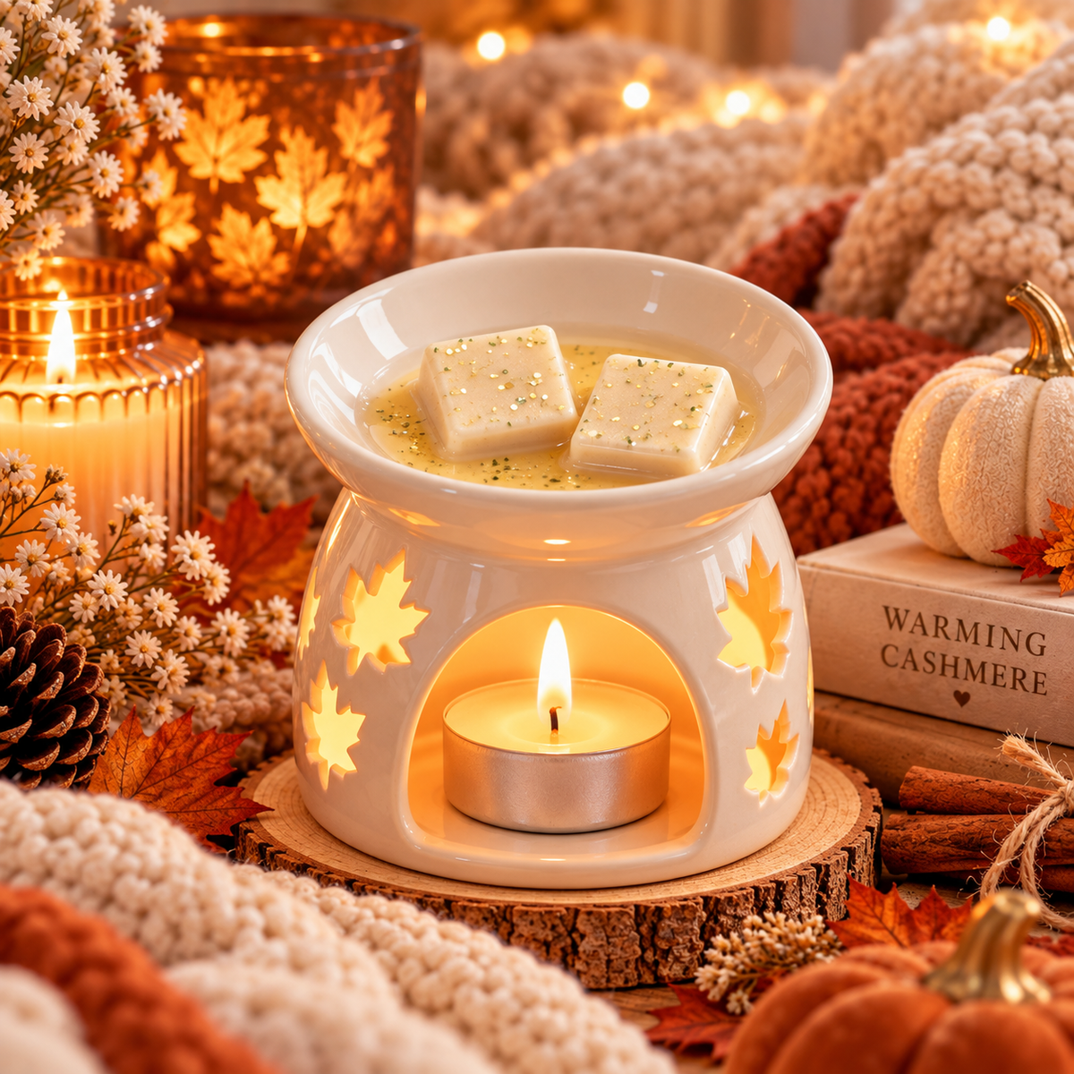 Warming cashmere scented wax melts in burner with cosy autumn decor.