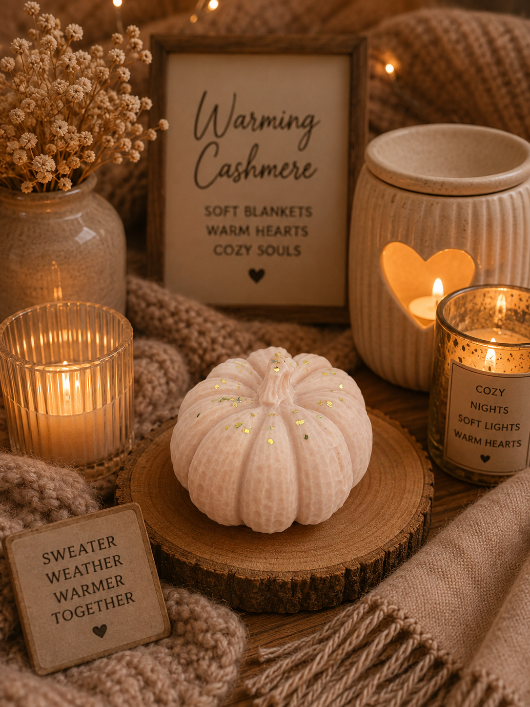 warming cashmere 3d pumpkin shape wax melt with cosy candle lit background theme.