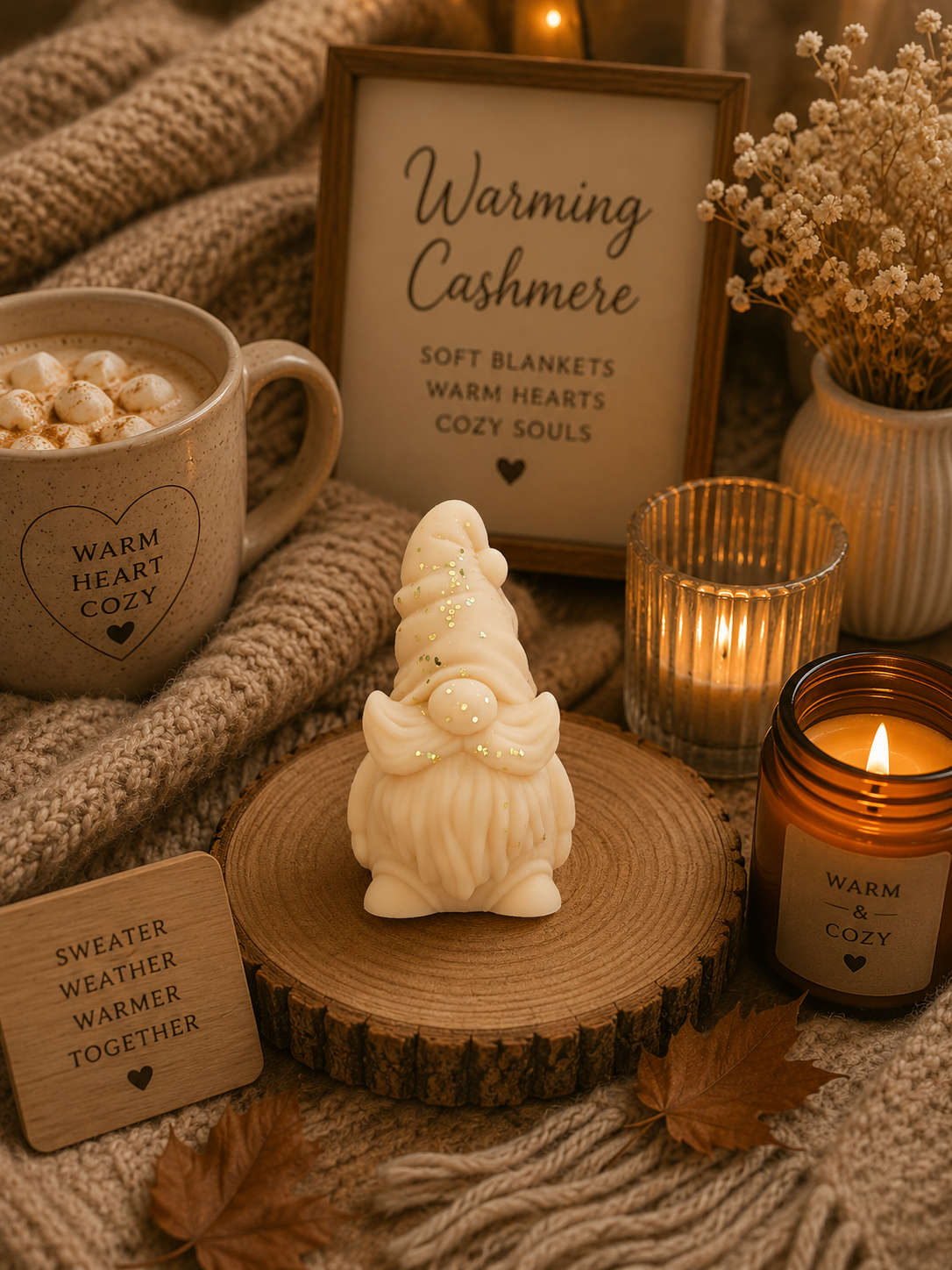 warming cashmere gonk wax melt surrounded by cosy autumn decor.