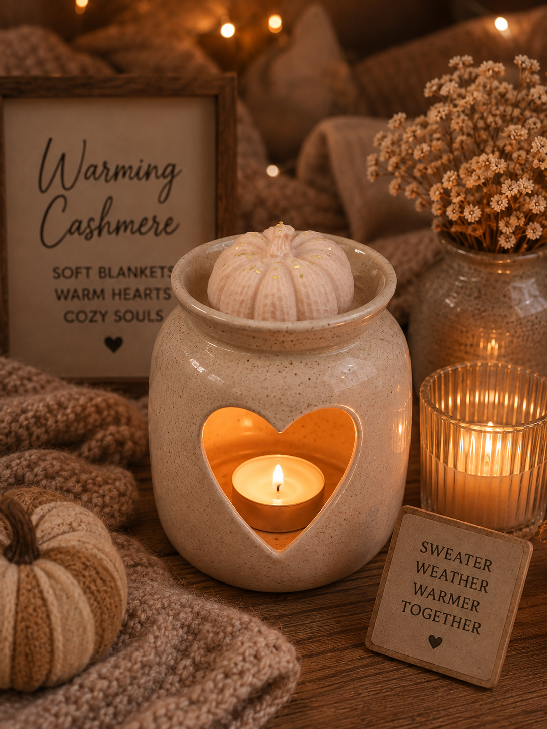 cosy warming cashmere 2d pumpkin wax melt in burner surrounded by cosy autumn background decor.