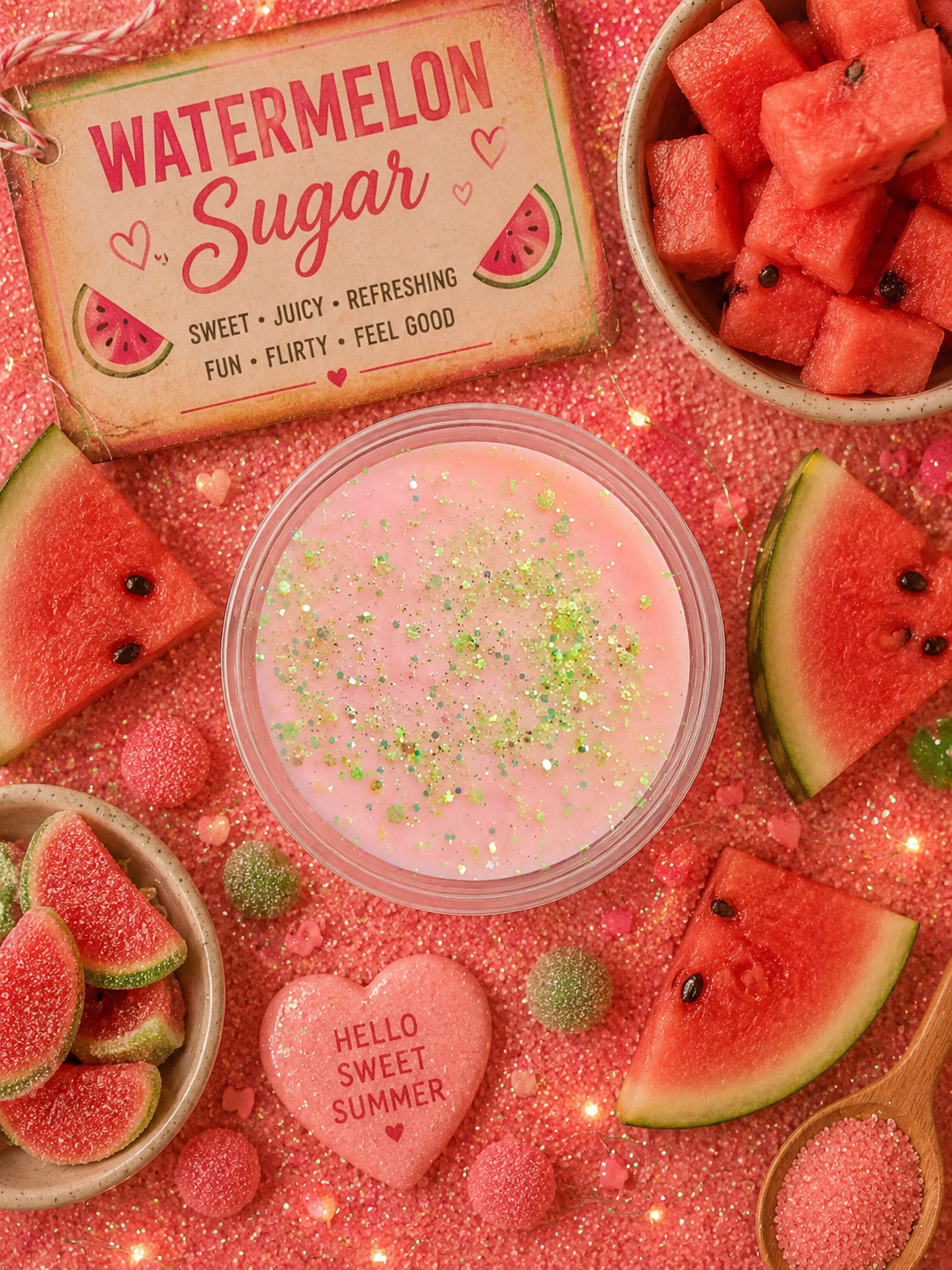 Pink wax melt with watermelon slices and 'Watermelon Sugar' sign on a pink glittery background
