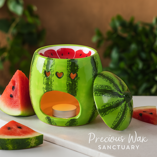 Watermelon-themed wax warmer with watermelon slices on a table