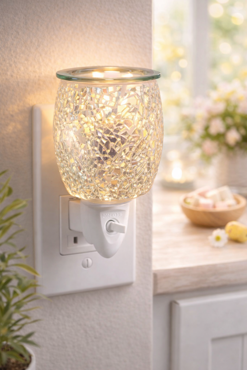 Decorative wall-mounted light wax melter with a glass shade on a neutral background.
