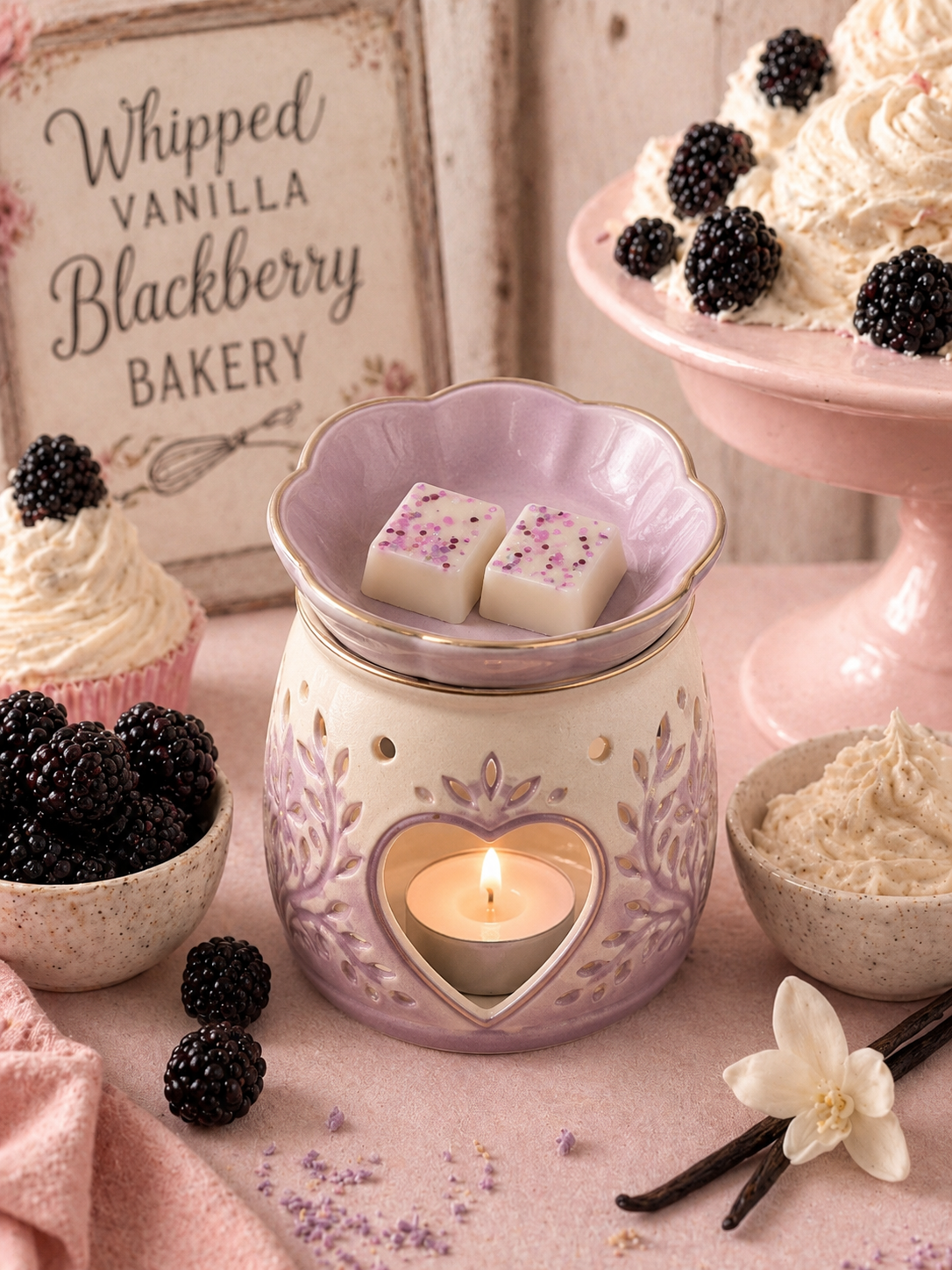 Whipped vanilla blackerry wax melts in burner with matching theme background.