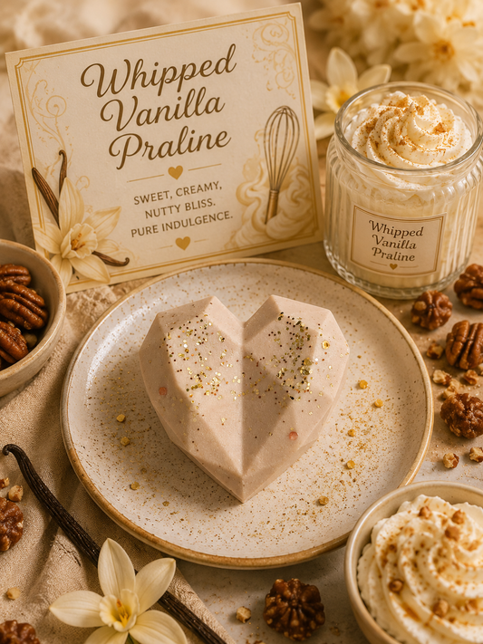 Heart-shaped whipped vanilla praline wax melt on a speckled plate, styled with vanilla flowers, pecans, a vanilla bean, and a candle jar labeled 'Whipped Vanilla Praline' on a beige fabric background.