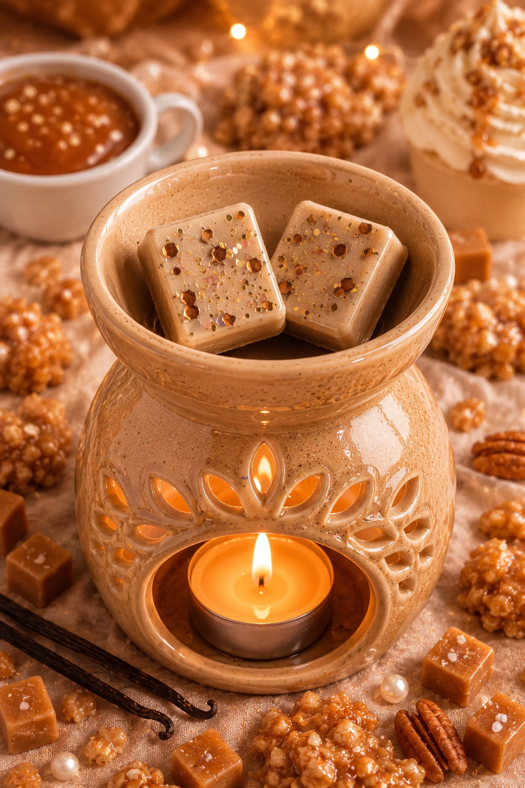brown wax melts in burner surrounded by whipped vanilla praline and nuts.