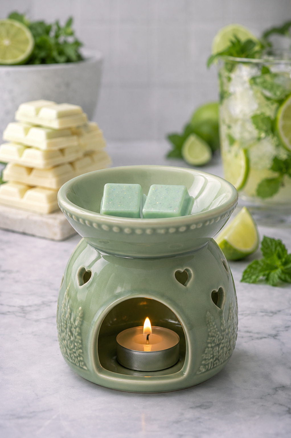 White chocolate scented wax melts in green burner.