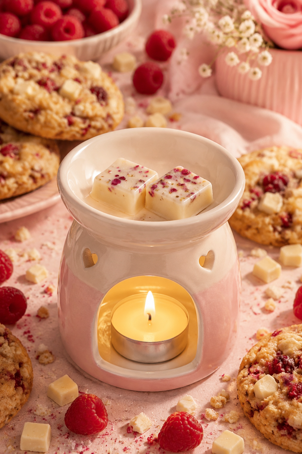 White chocolate and raspberry cookies wax melt in burner with matching background.