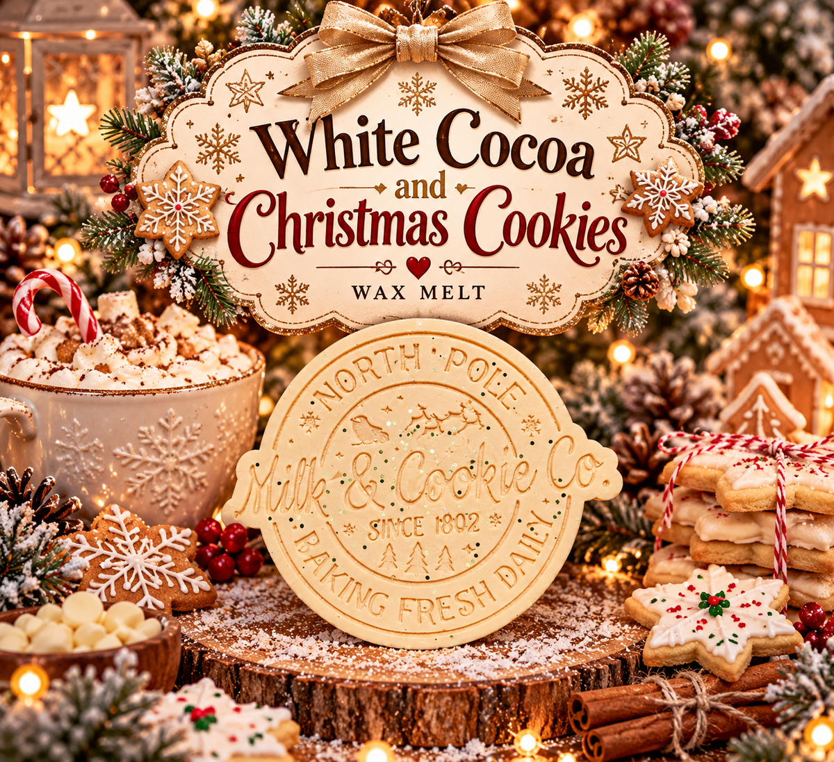 A festive holiday scene featuring a large decorative wax melt that reads 'White Cocoa and Christmas Cookies' with 'Wax Melt' below, alongside a round branded cookie stamp and stacks of decorated Christmas cookies on a decorated Christmas tree background.