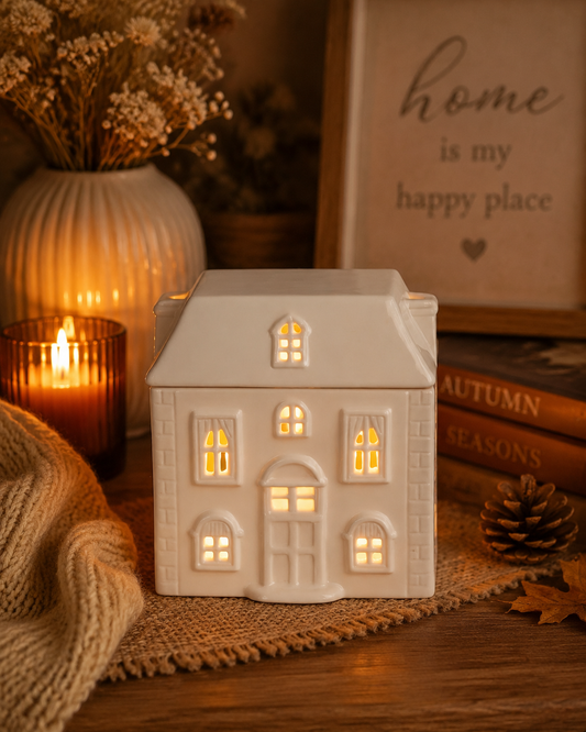 A small white ceramic house-shaped wax warmer holder or decorative lamp with glowing warm yellow windows, styled on a wooden surface with a candle, dried flowers, books, and autumn decor in the background.