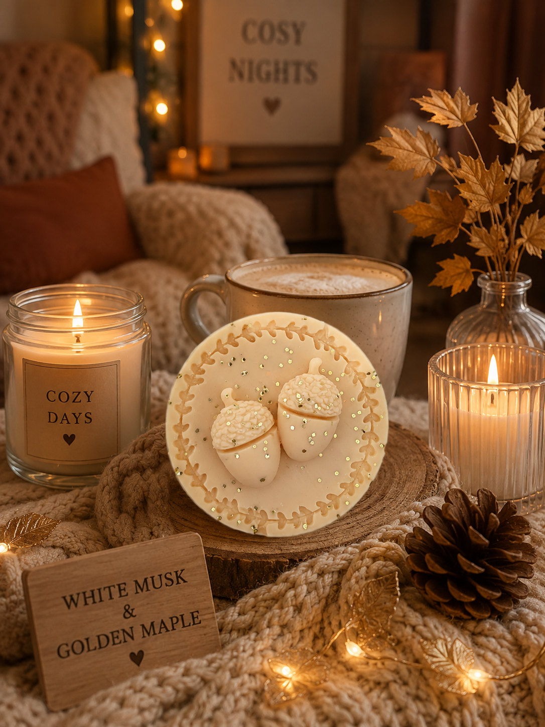 A cozy styled scene with a round decorative wax melt plate in the center, surrounded by lit candles, a mug, dried leaves in a glass vase, a pinecone, and warm string lights. A wooden sign reads "WHITE MUSK & GOLDEN MAPLE," and another candle label says "COZY DAYS.