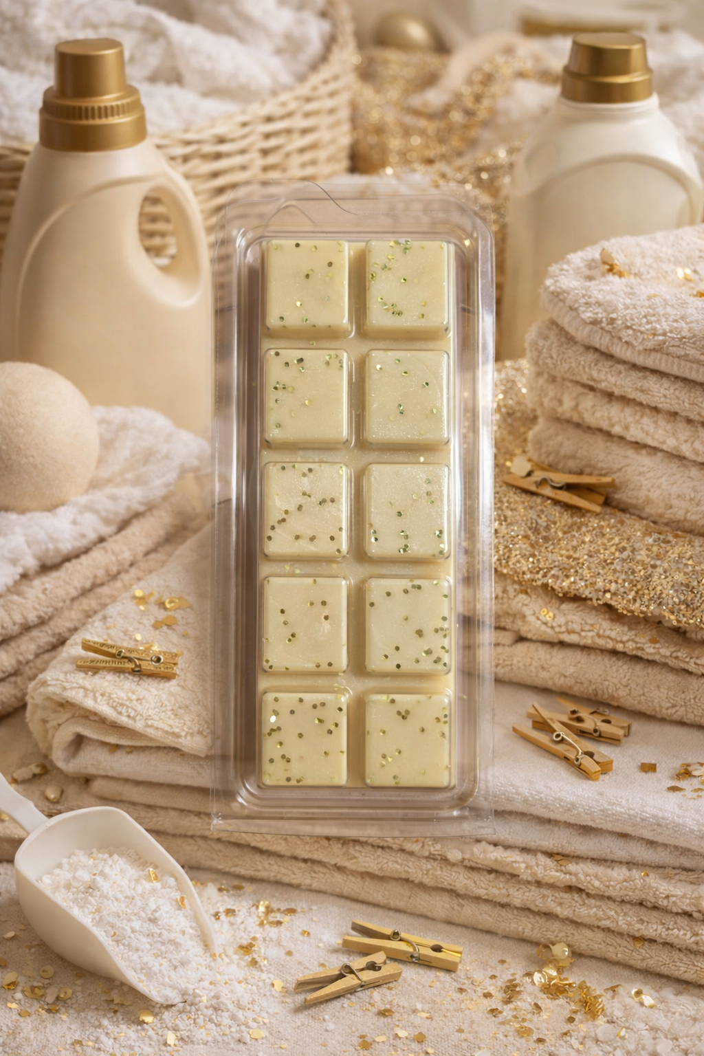 wax melt bar with gold glitter on a background of towels and laundry products