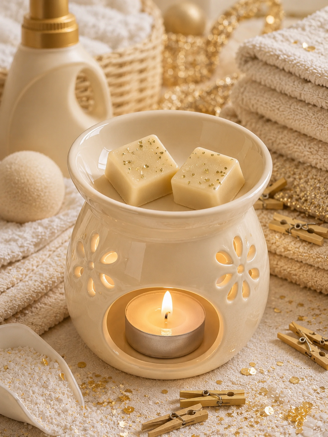 wax melts in burner with laundry background theme.