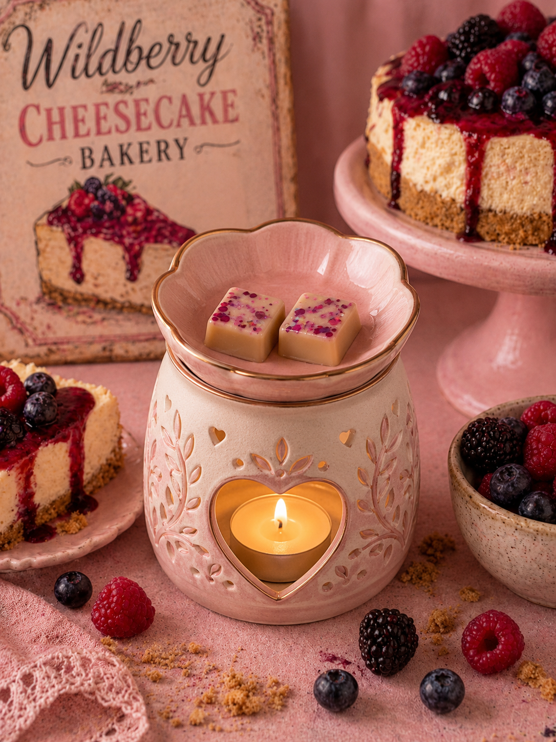 Wildberry cheesecake scented wax melts in burner with matching theme background. 