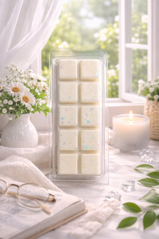 Packaged cream-colored wax melts on a table with a candle and flowers in the background