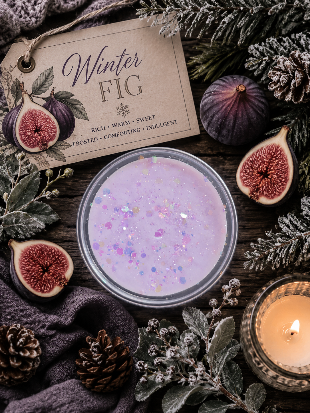 wax melt with 'Winter Fig' label surrounded by figs, pinecones, and a lit candle on a wooden surface.