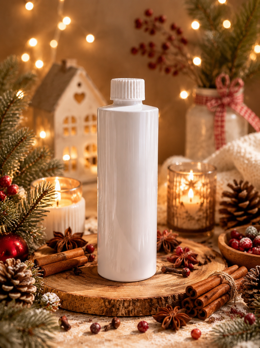 Winter spice reed diffuser refill bottle with festive background 