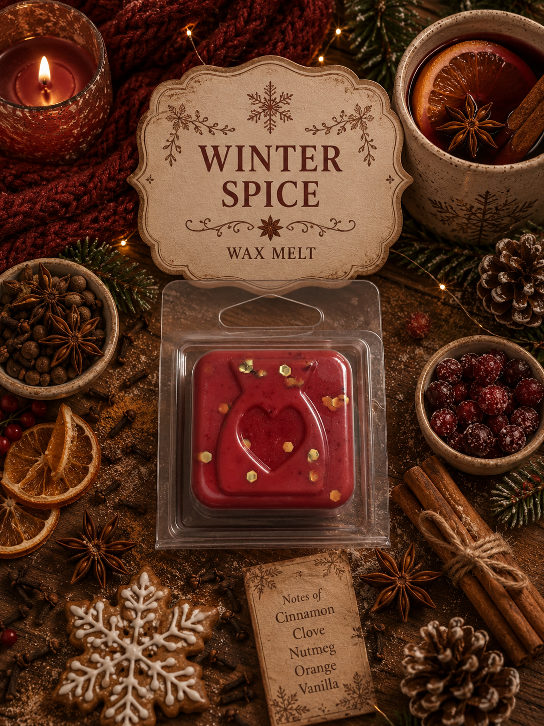 Winter Spice wax melt with decorative packaging on a festive background