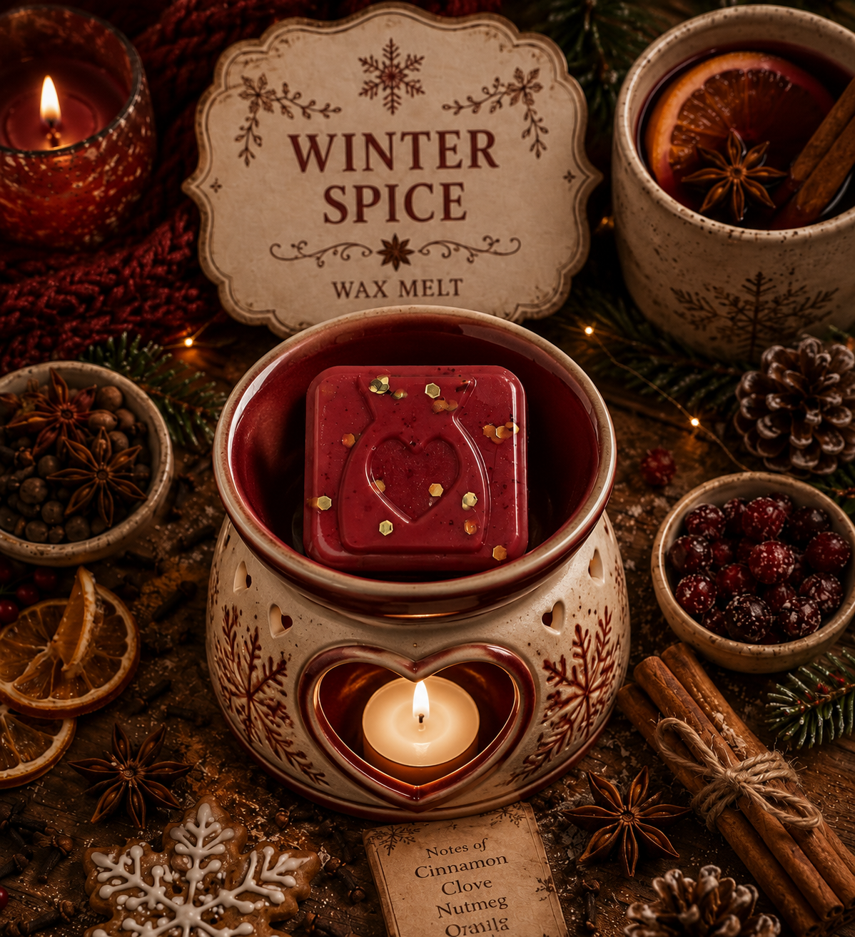 A heart-shaped wax warmer filled with a red winter spice wax melt, surrounded by warm holiday ingredients including star anise, cinnamon sticks, dried orange slices, cranberries, pinecones, and a lit candle. A sign reading 'WINTER SPICE WAX MELT' is visible in the background.