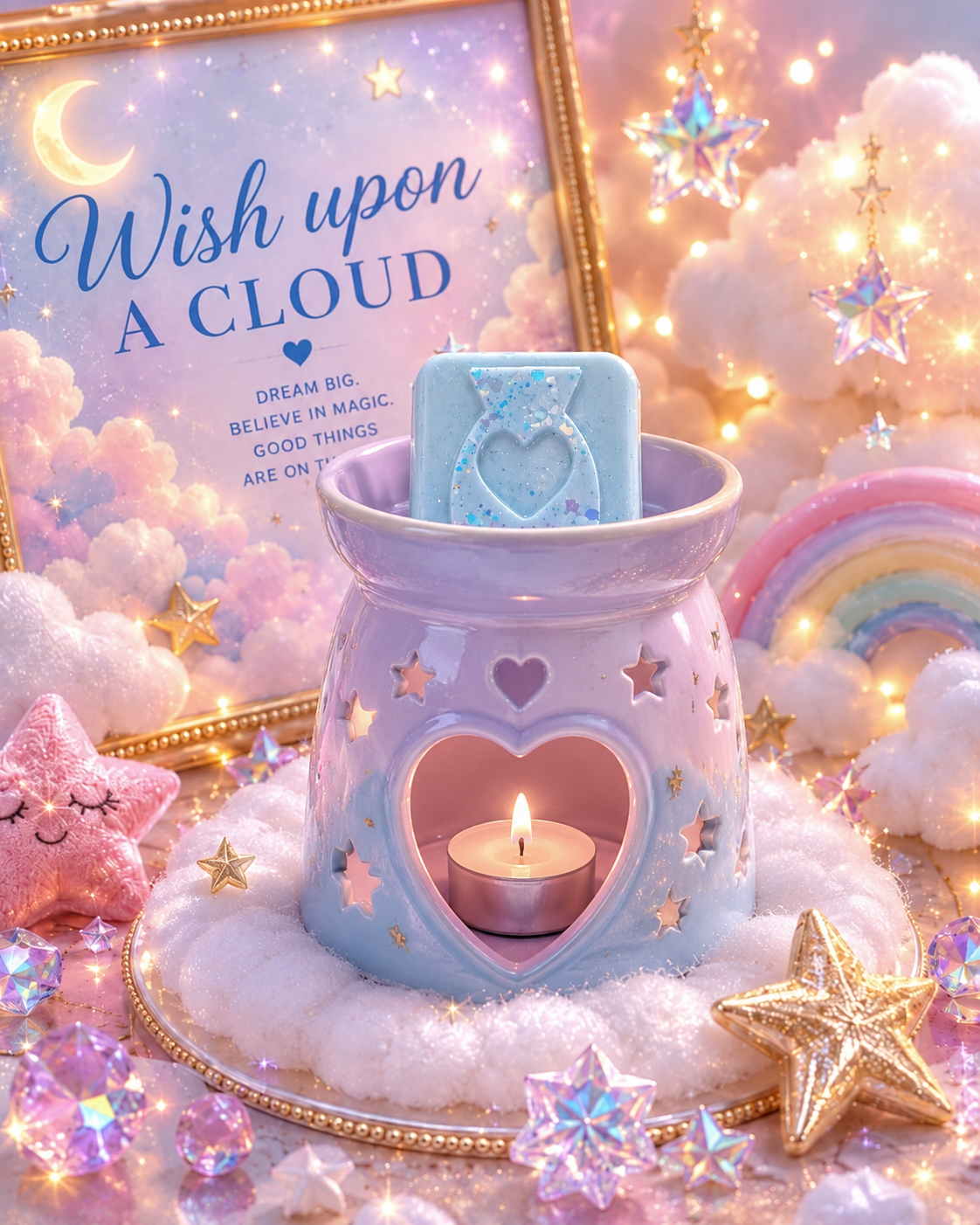 Blue wax melt in burner with magical clou background theme.